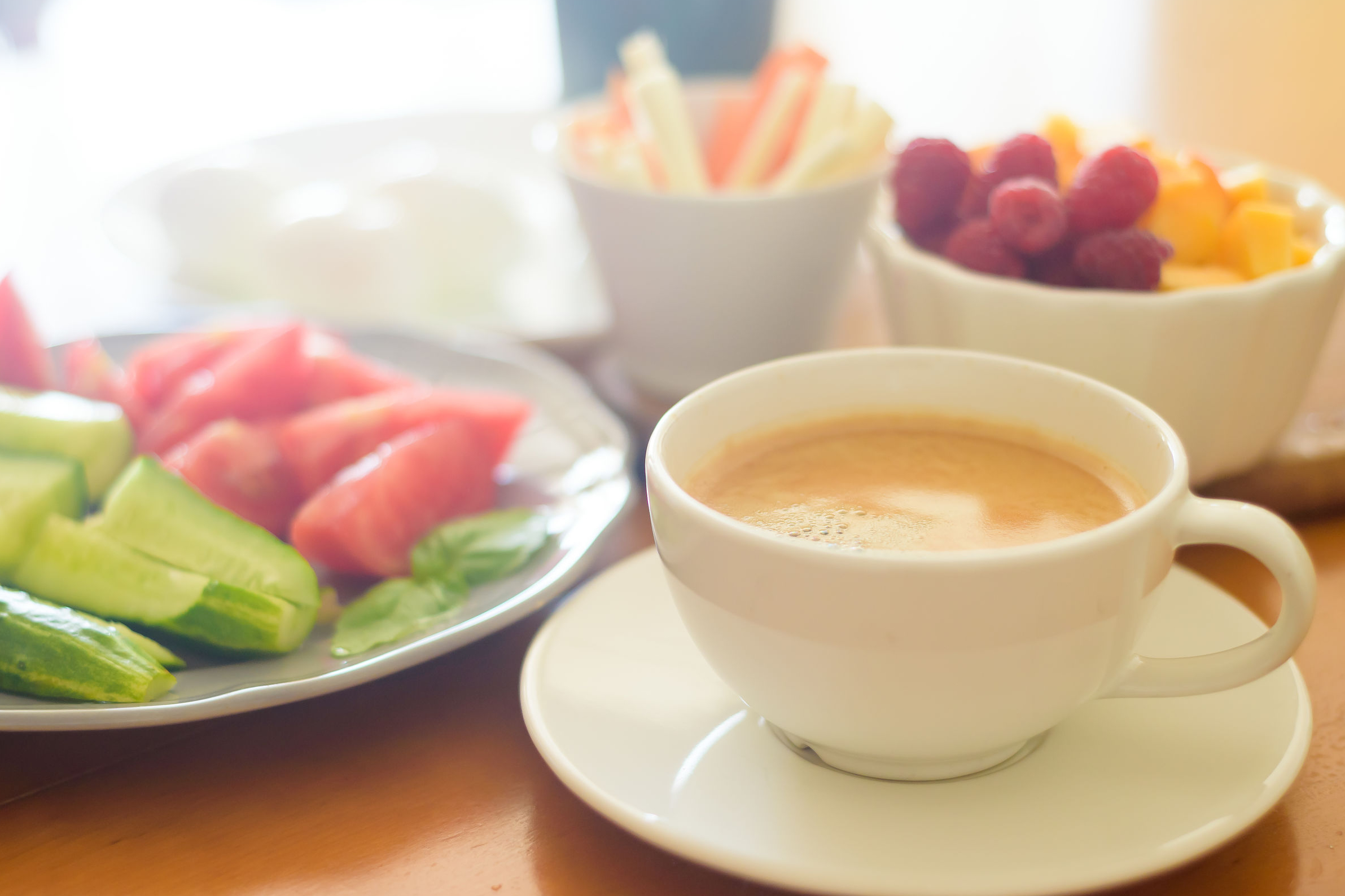 Breakfast with coffee, egg, vegetables and fruits Breakfast with coffee, vegetables and fruits